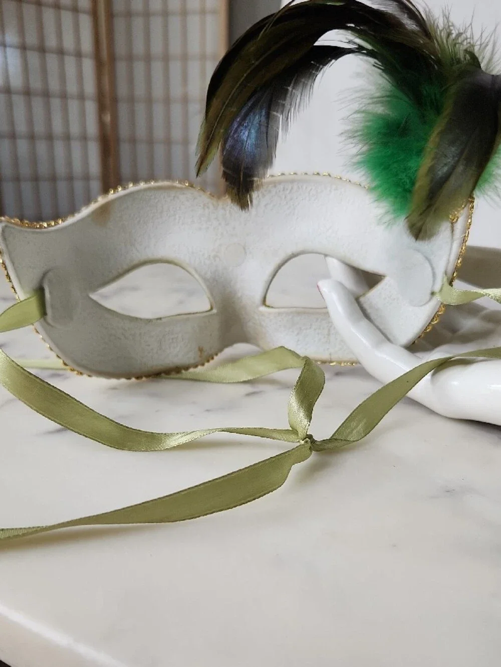 Vintage Green and Gold Feathered Venetian Masquerade Mask Italian🇮🇹